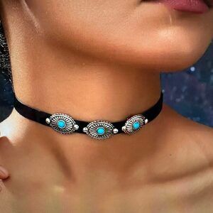 Turquoise Concho Choker Necklace with Black Velvet - Boho Western Style in Gift